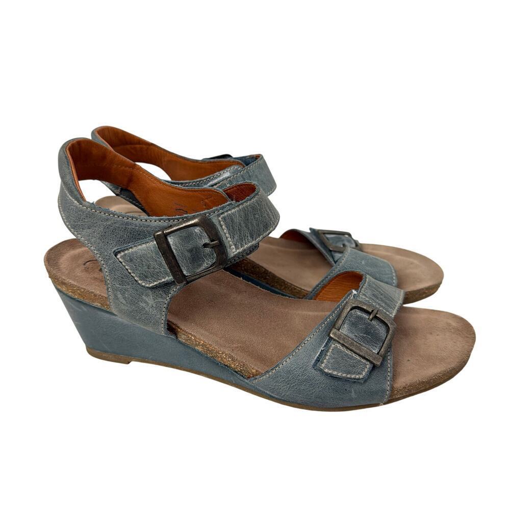 Taos Sandals Womens Size 11 Blue Leather Wedge Cork Buckle Up Open Toe Portugal